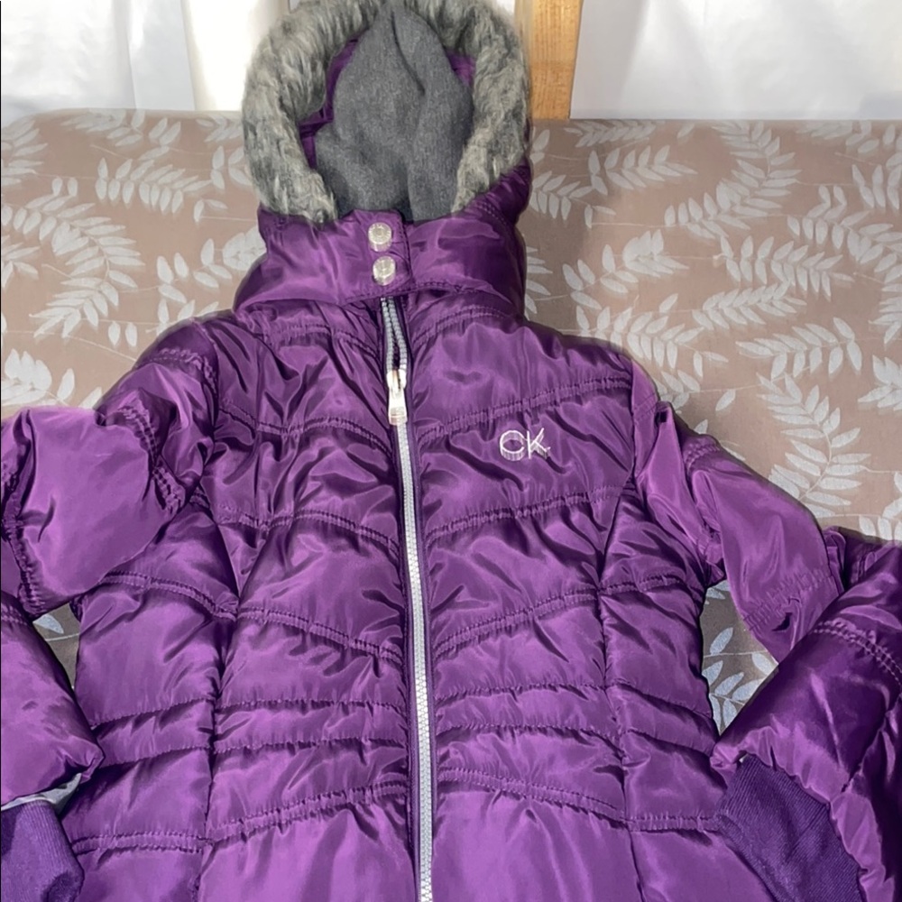 Calvin Klein Purple Puffer Jacket with Fur-Trimmed Hood